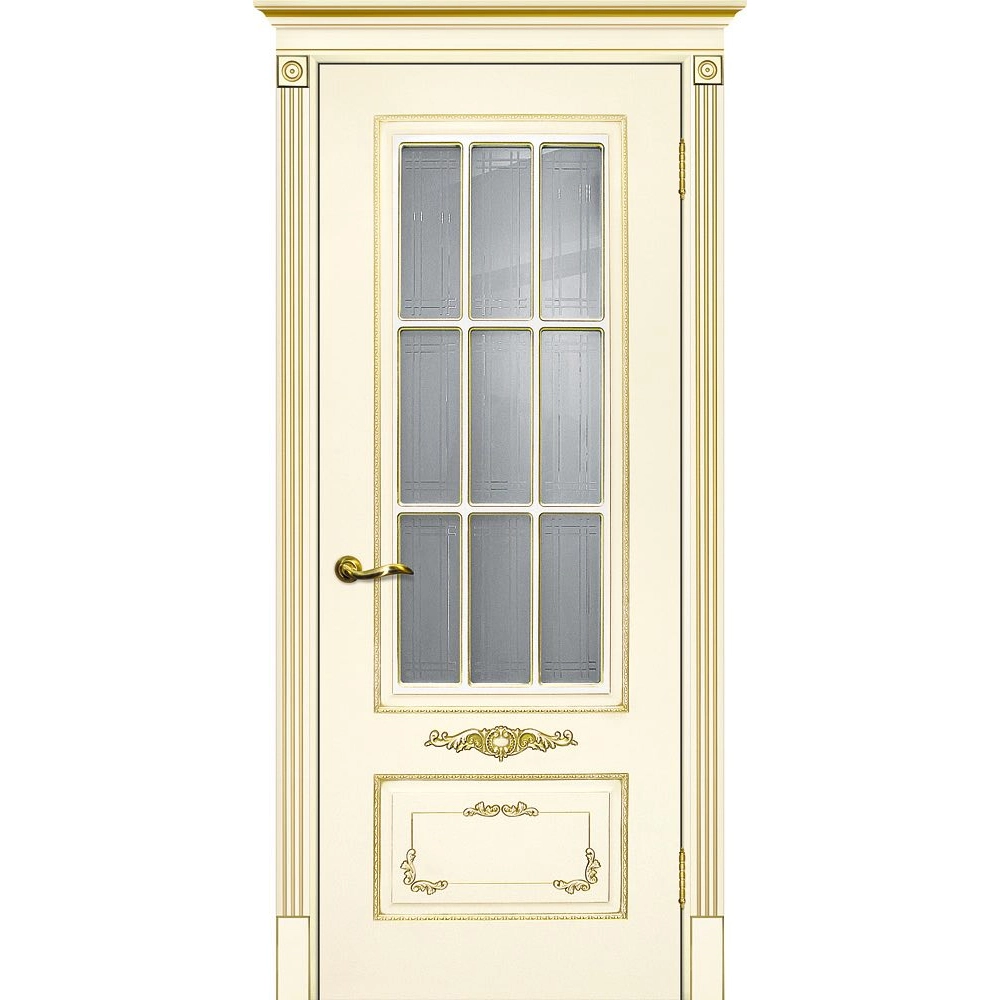 Межкомнатная дверь эмаль Смальта-Deco 09, остеклённая, cлоновая кость патина золото