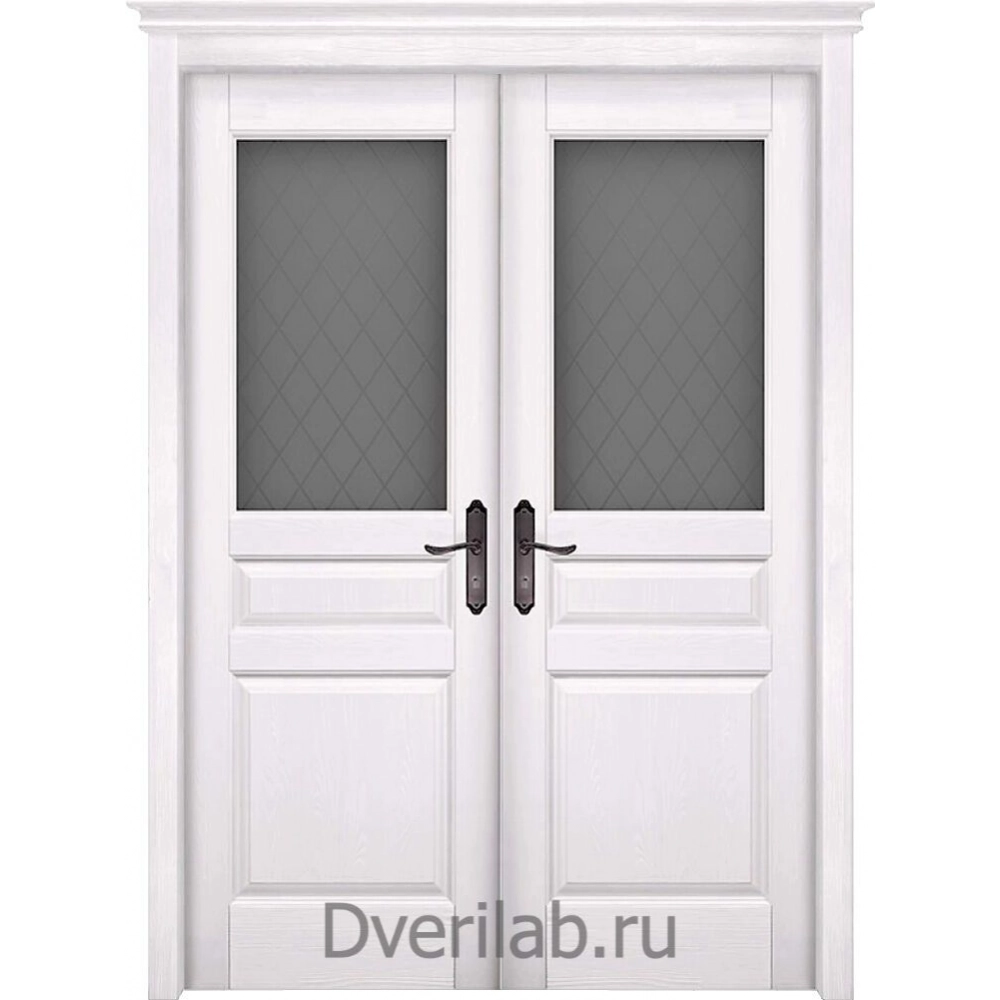 Межкомнатная двустворчатая дверь массив сосны ОКА Пандора белая со стеклом